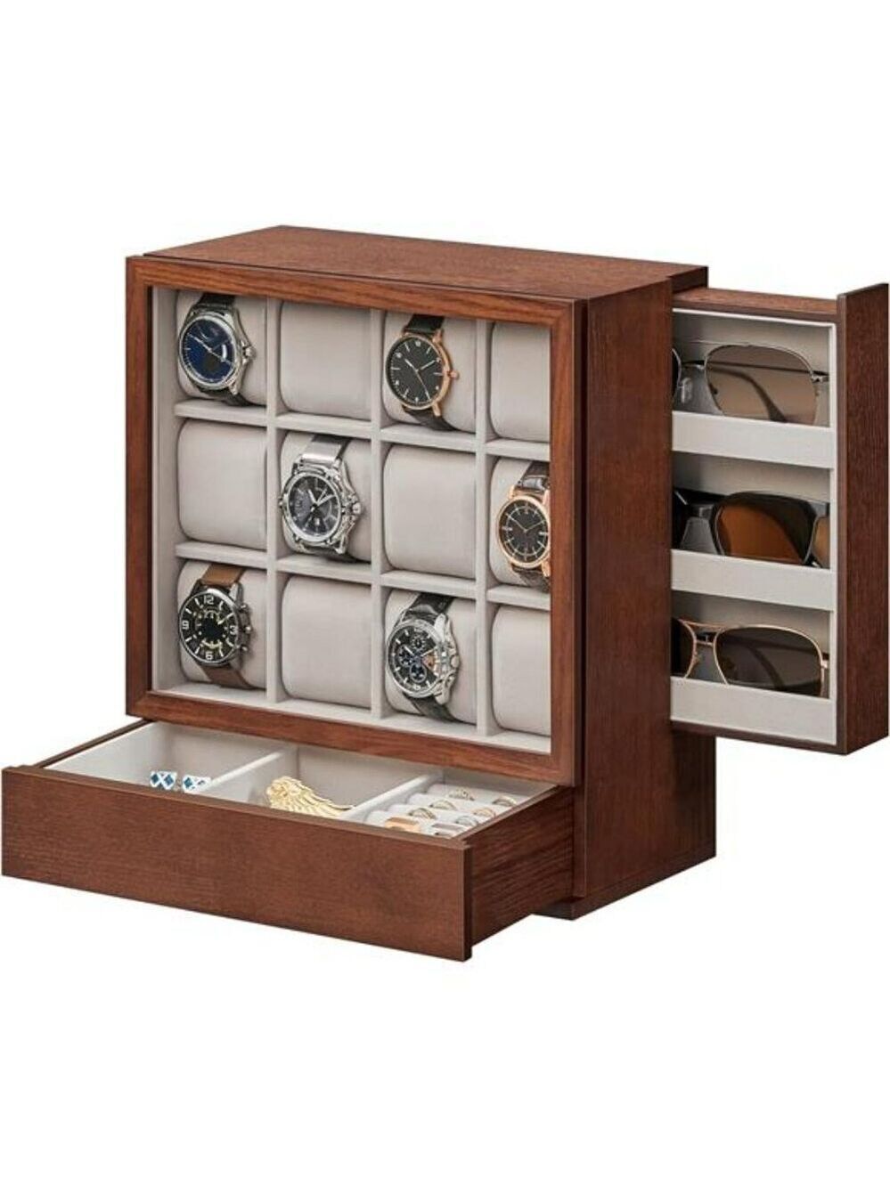 12 Slot Wood Watch Display Box Vertical Organizer with Drawer Velvet Lining